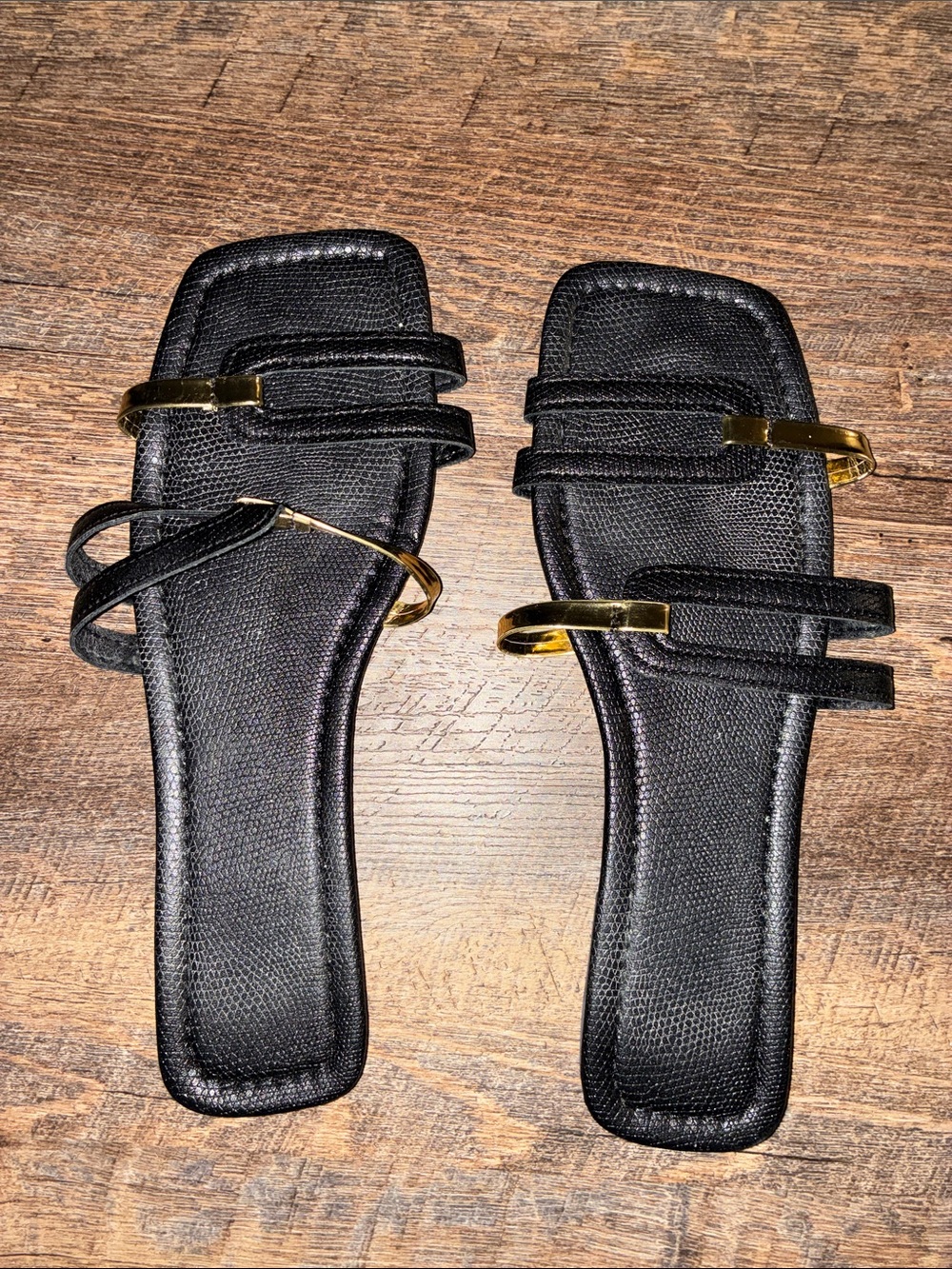 SHEIN Black Multi-Strap Slide Sandals with Gold Accents